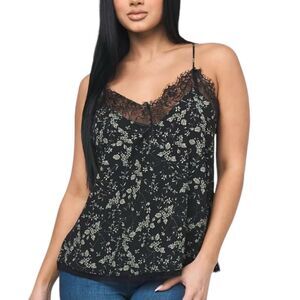 NWT Reset by Jane Satin Samantha Black Lace Floral Print Cami Tank Top Large
